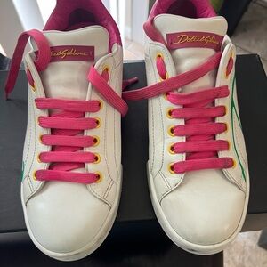 Dolce & Gabbana Women's White and Pink Lace-Up Sneakers
